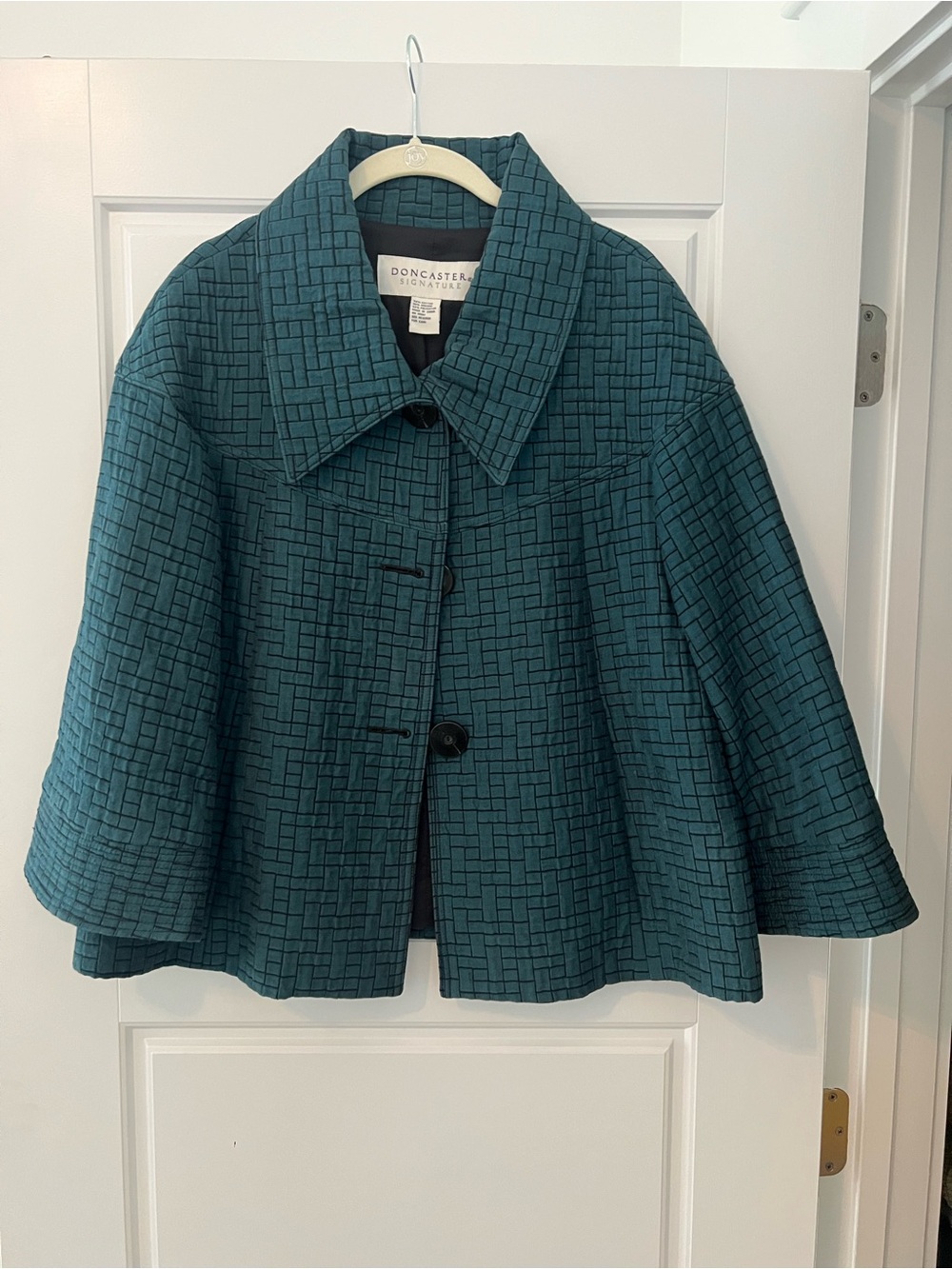 Doncaster teal swing crop jacket in textured woven